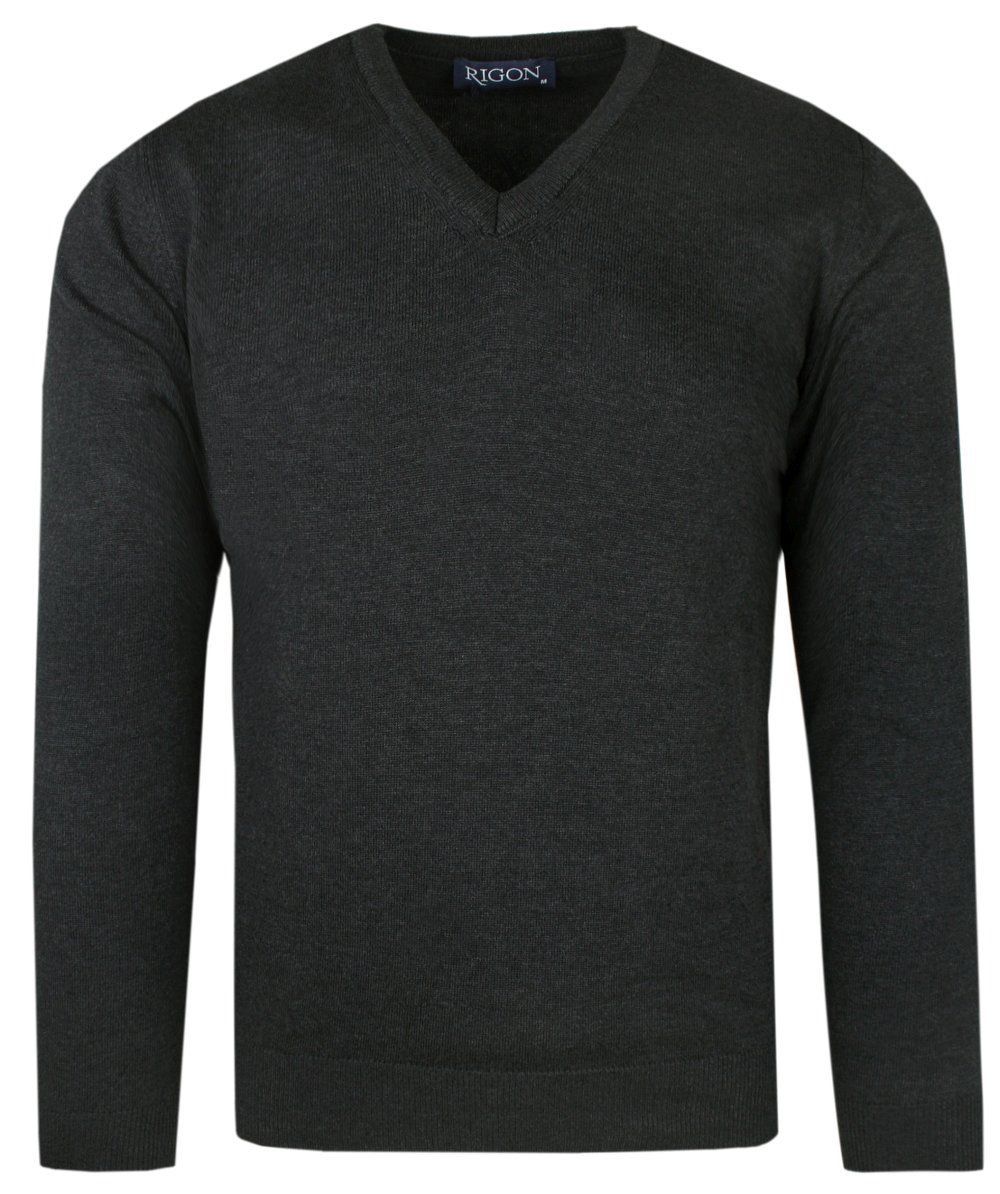 Elegancki Męski Sweter Polskiej Marki Rigon – V-neck (serek) - Grafitowy