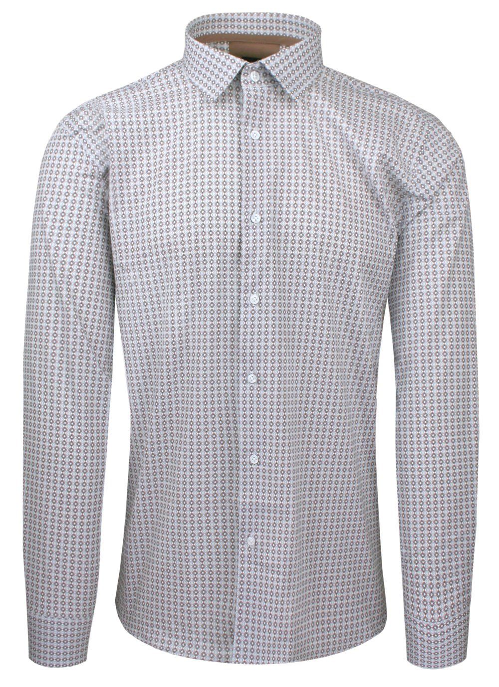 Bawełniana Koszula Elegancka, Slim - Victorio - Brązowo-Niebieski Drobny Wzór