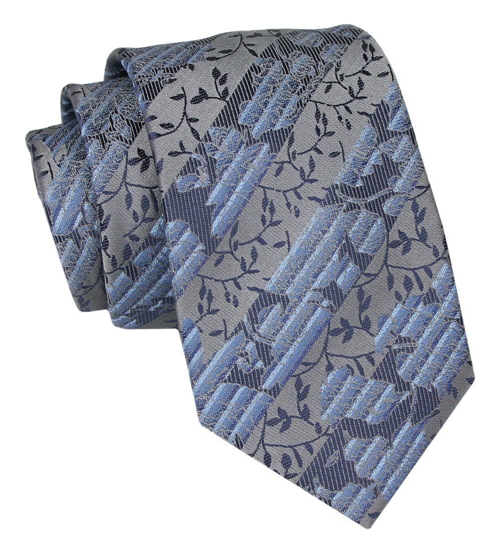 Klasyczny Krawat Męski - ALTIES - Szary, Niebieski, Liście