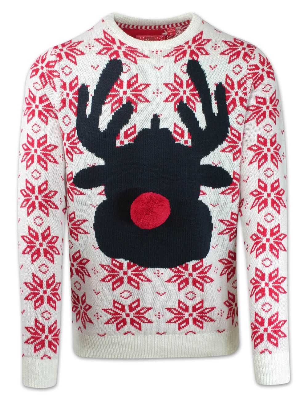 Sweter Świąteczny, Biało-Czerwony z Reniferem, Nos z Pompona, Śmieszny na Prezent, Męski -Brave Soul