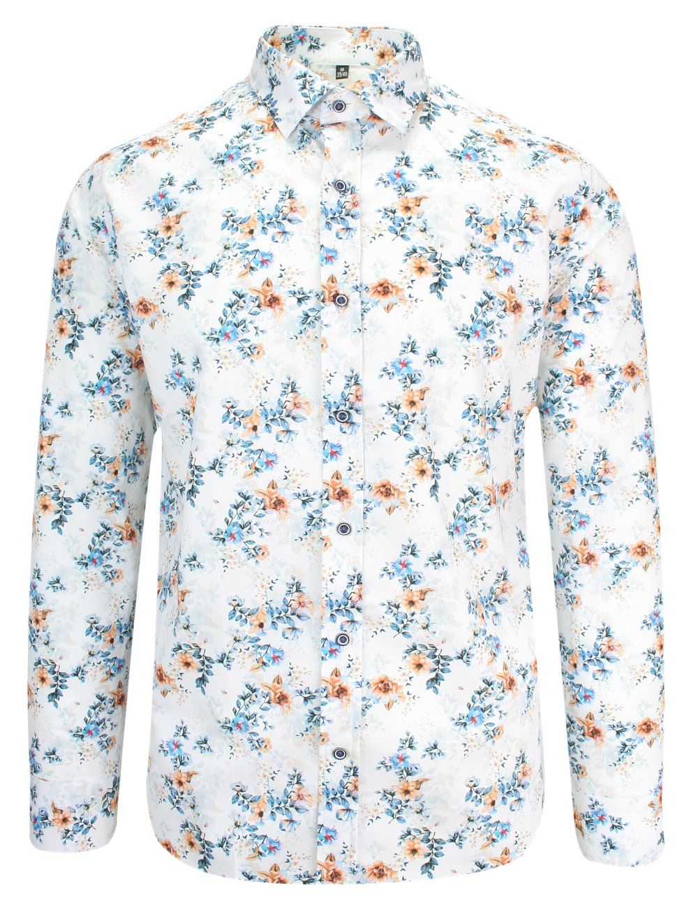 Koszula Wizytowa z Długim Rękawem, Biała w Kwiatki, Motyw Florystyczny -Victorio