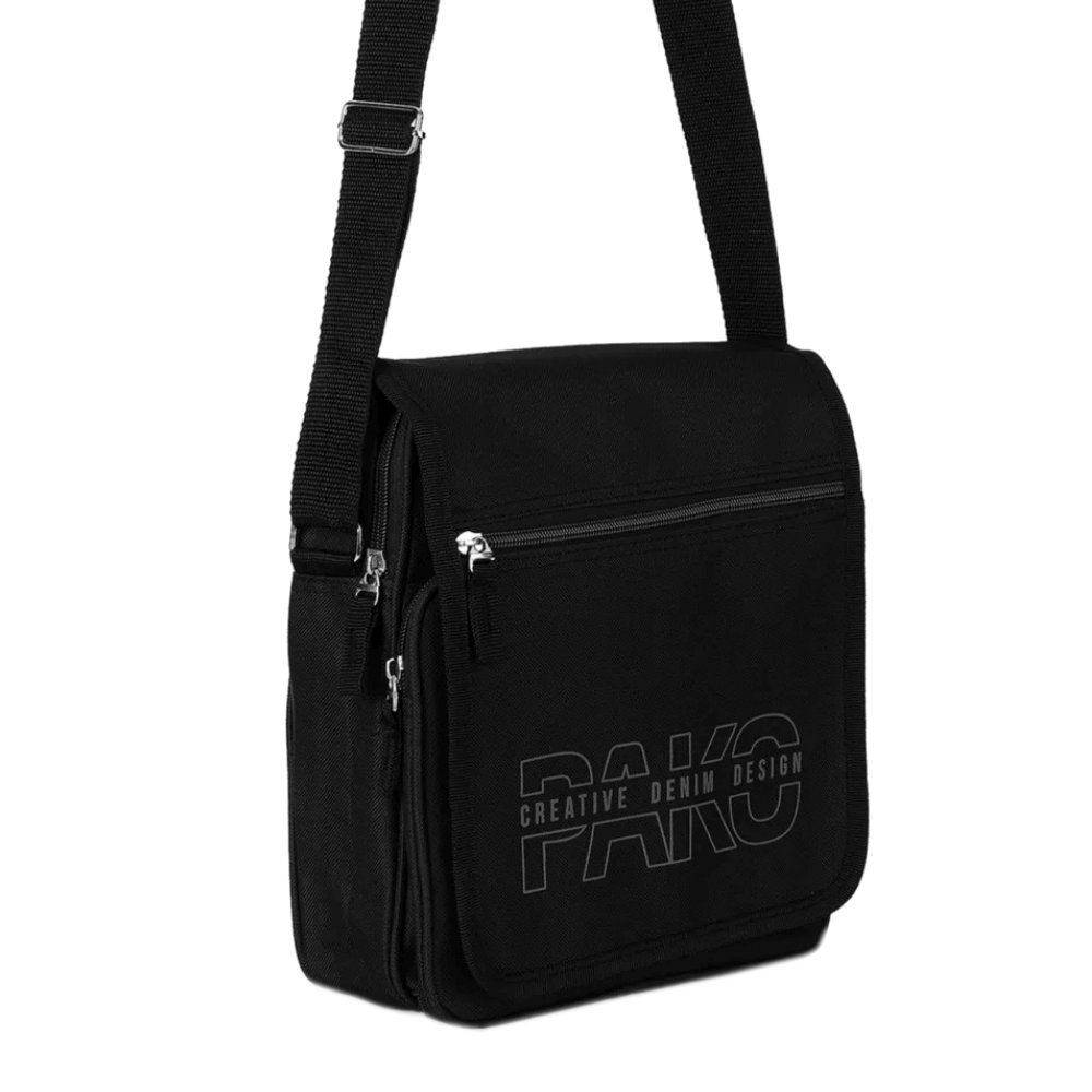 Saszetka Męska na Ramię, Czarna z Klapą Zapinaną na Rzepy, Listonoszka, Pako Jeans