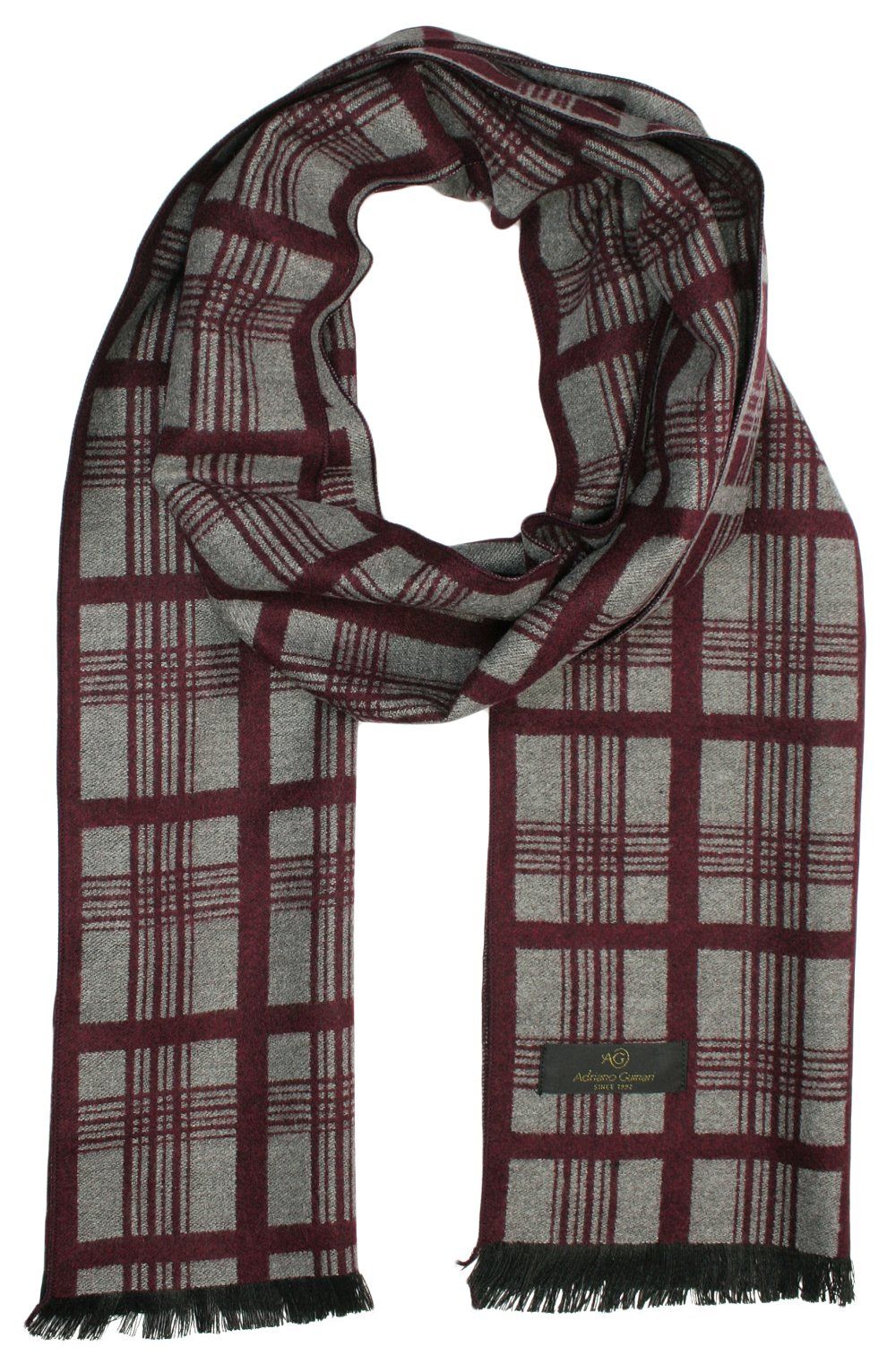 Szalik Dwustronny, Szaro-Bordowy w Kratkę Jesienno-Zimowy, Elegancki, 100% Wiskoza -Adriano Guinari
