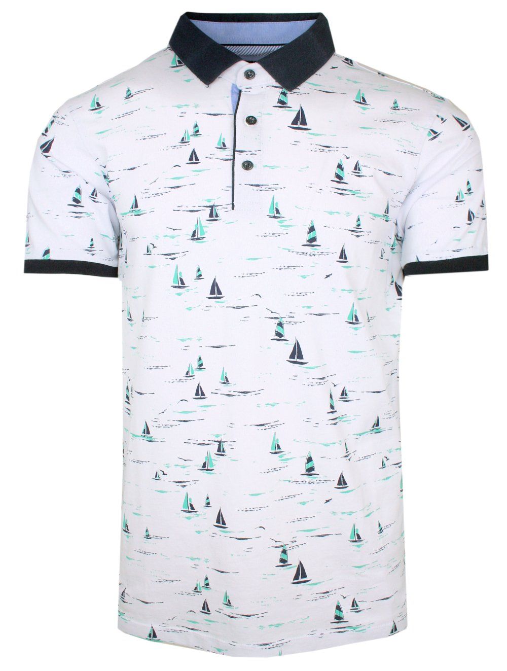 Koszulka POLO, Biała w Zielone Żaglówki, Męska, Krótki Rękaw, T-shirt