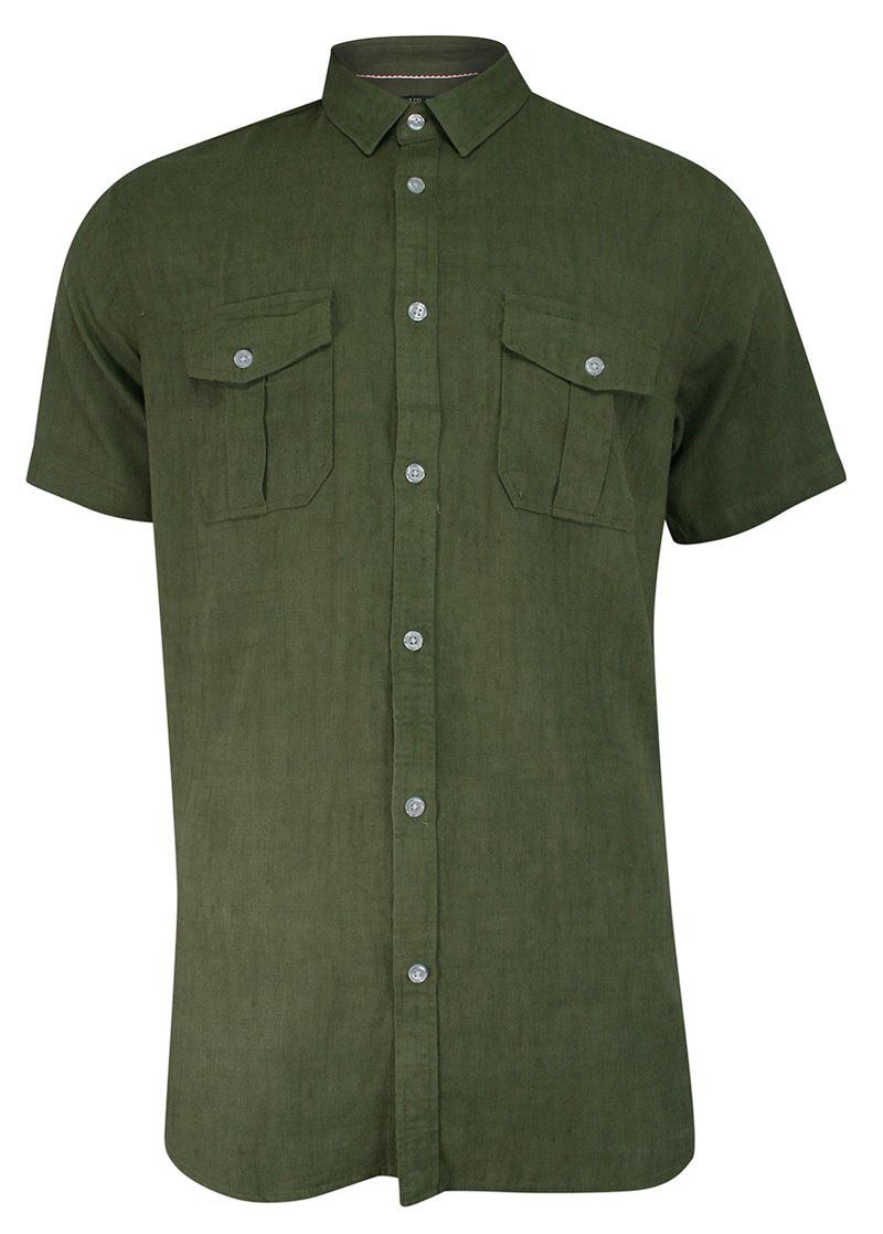 Koszula Casualowa Zielona, Oliwkowa, Krótki Rękaw z Lnem, Jednokolorowa, Męska -BRAVE SOUL