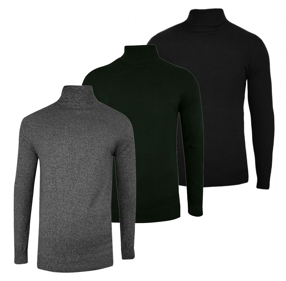 Zestaw Trzech Męskich Golfów - Brave Soul - Czarny, Zieleń (Butelkowy), Popielaty Melanż