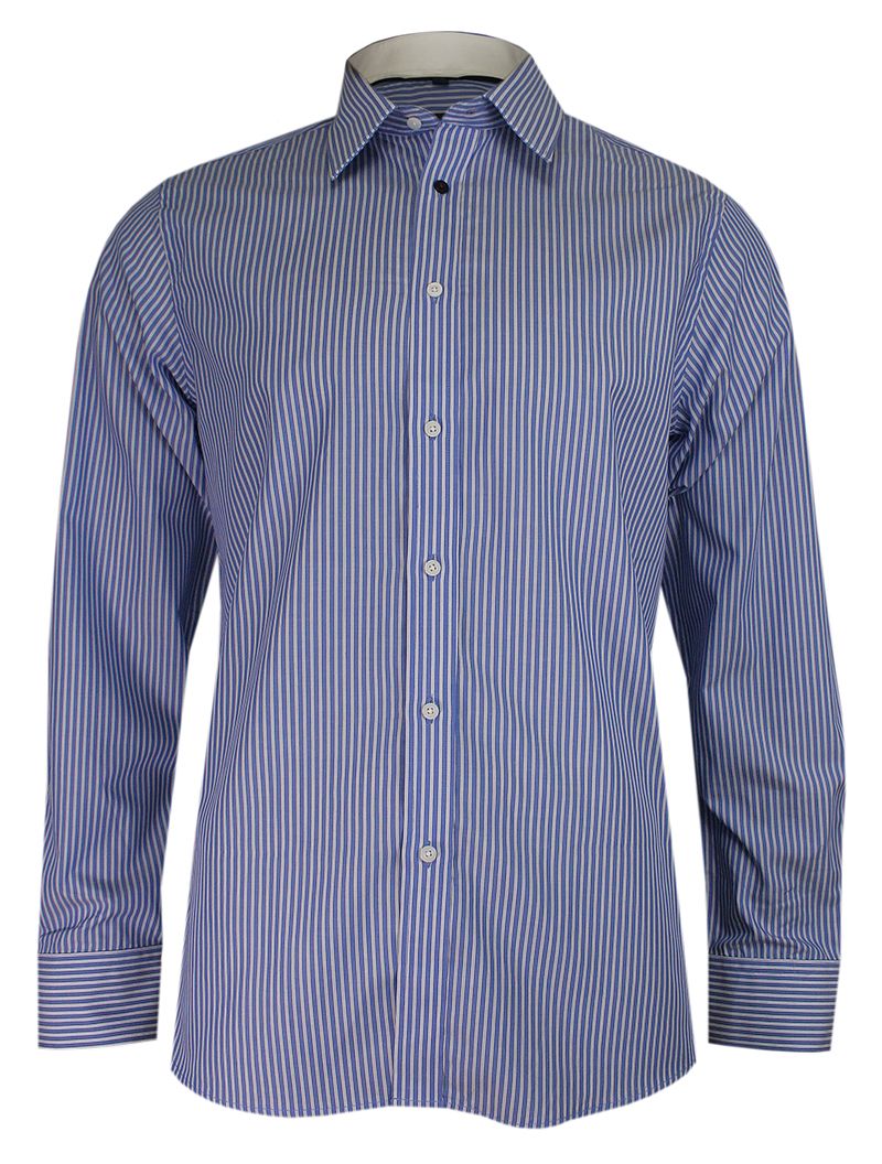 Granatowo-Biała Elegancka Koszula Męska z Długim Rękawem, 100% Bawełna -CHIAO- Taliowana, w Paski