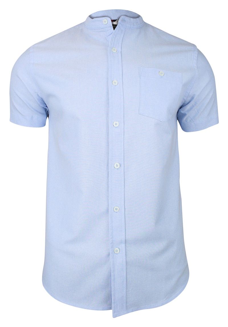 Niebieska Koszula Męska na Stójce z Krótkim Rękawem, Taliowana -Brave Soul- 100% Bawełna