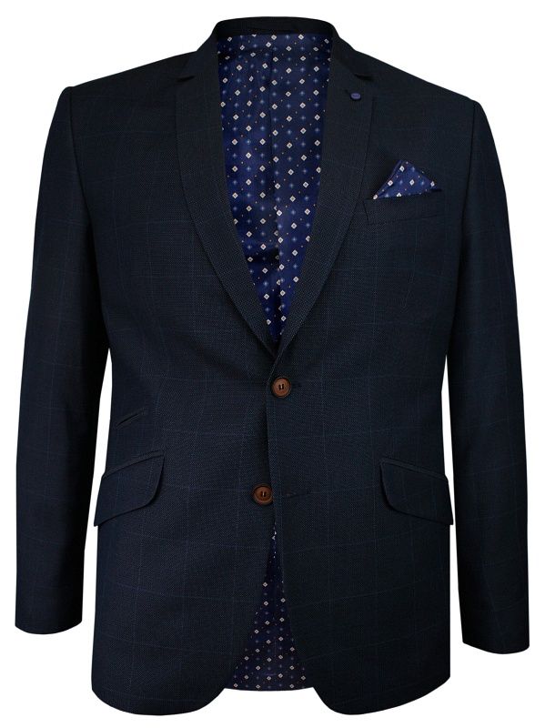 Granatowa Elegancka Marynarka -CASINO- Taliowana, 2 Guziki, w Delikatną Grubą Kratkę, Dwa Rozcięcia