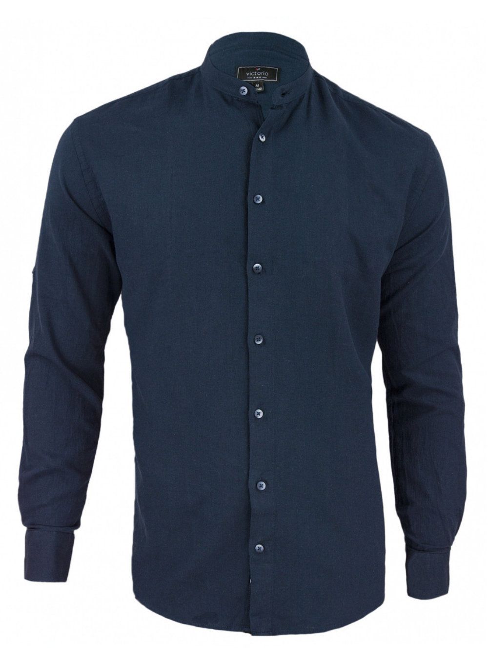 Koszula Bawełniano-Lniana, Granatowa ze Stójką, Męska Długi Rękaw -VICTORIO