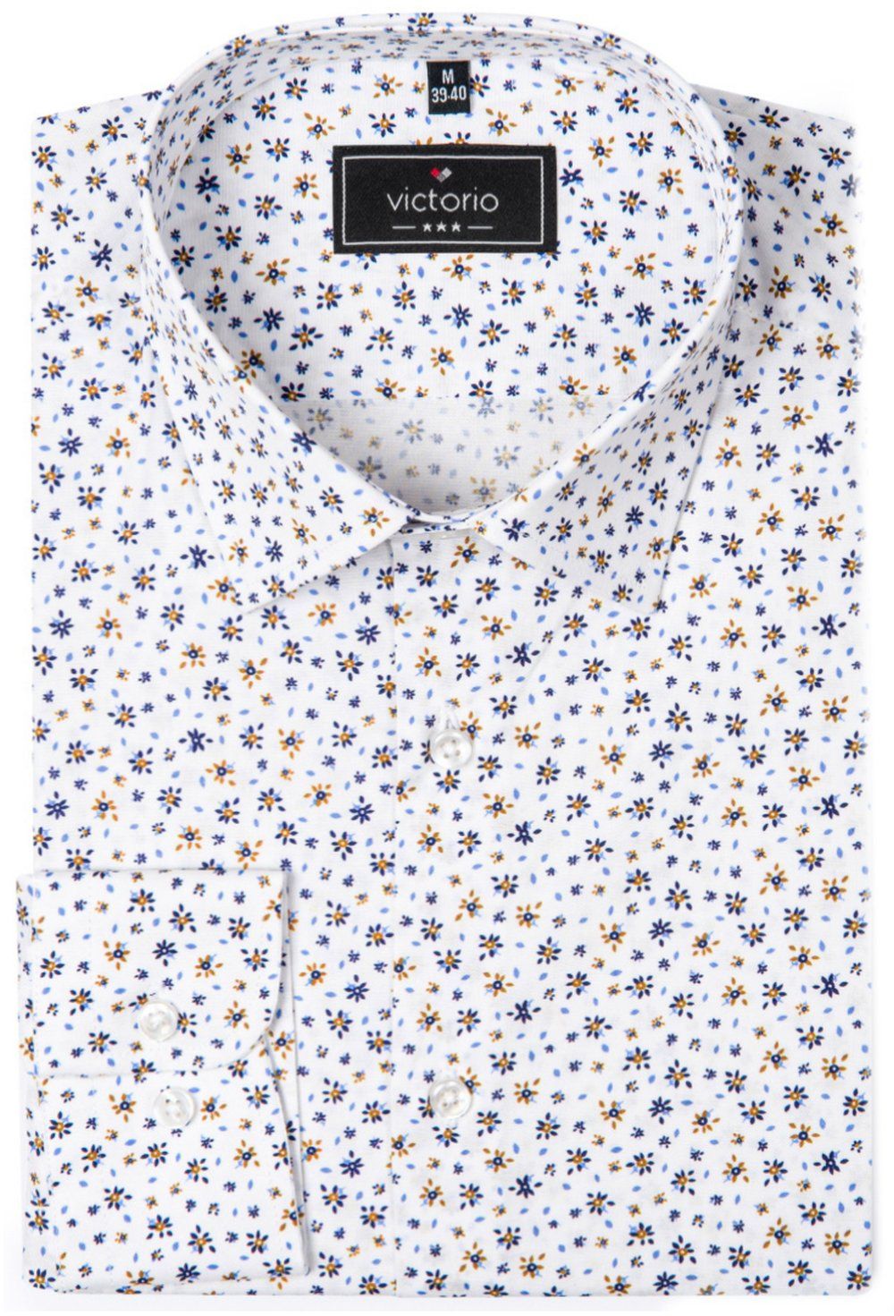 Elegancka Koszula o Prostym Kroju - Victorio - Biała, Drobny Wzór w Kwiaty