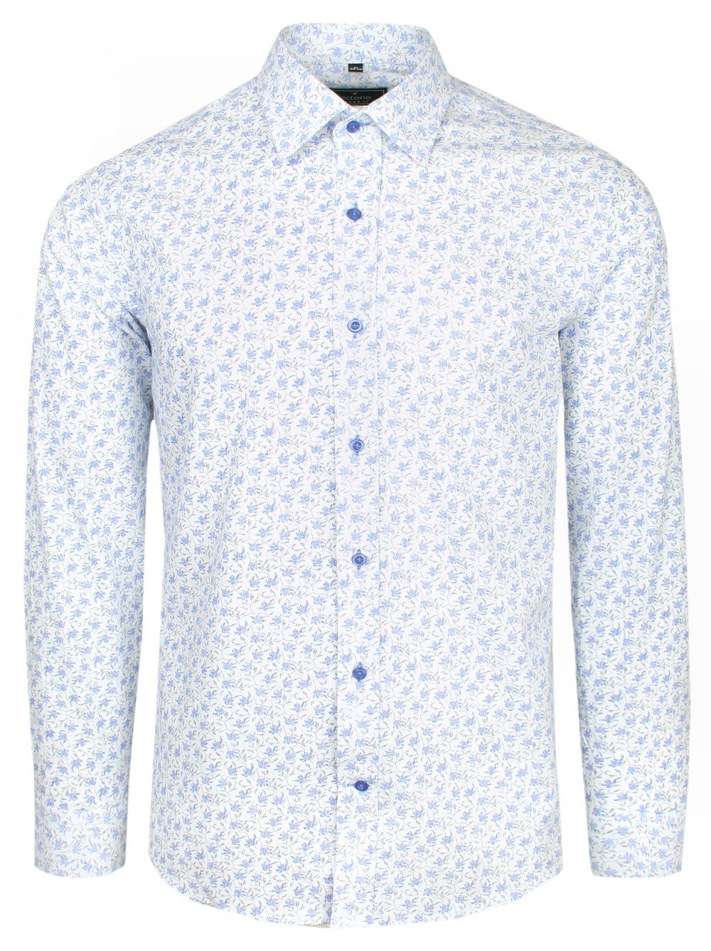 Koszula Wizytowa Biała w Niebieski Wzór w Kwiatki z Długim Rękawem -Victorio