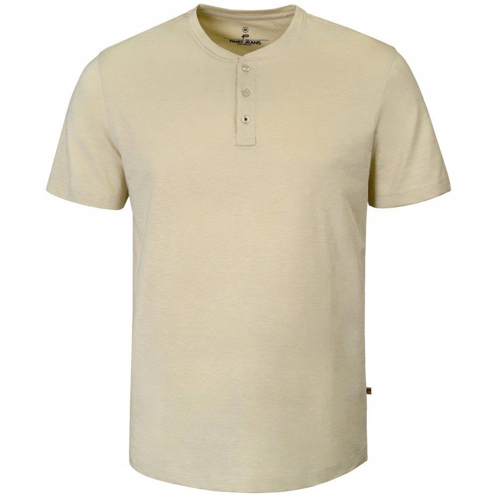 Beżowy Męski T-Shirt, Dekolt z Guzikami - Pako Jeans