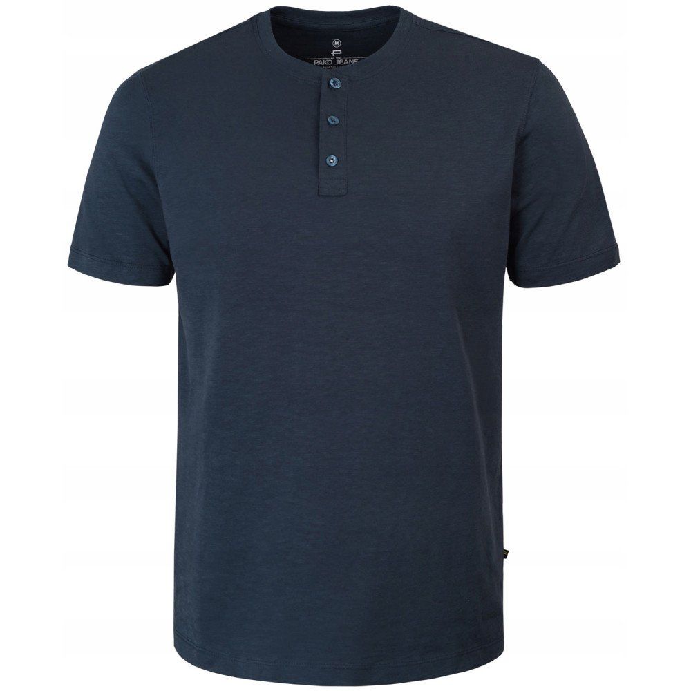 Granatowy Męski T-Shirt, Dekolt z Guzikami - Pako Jeans