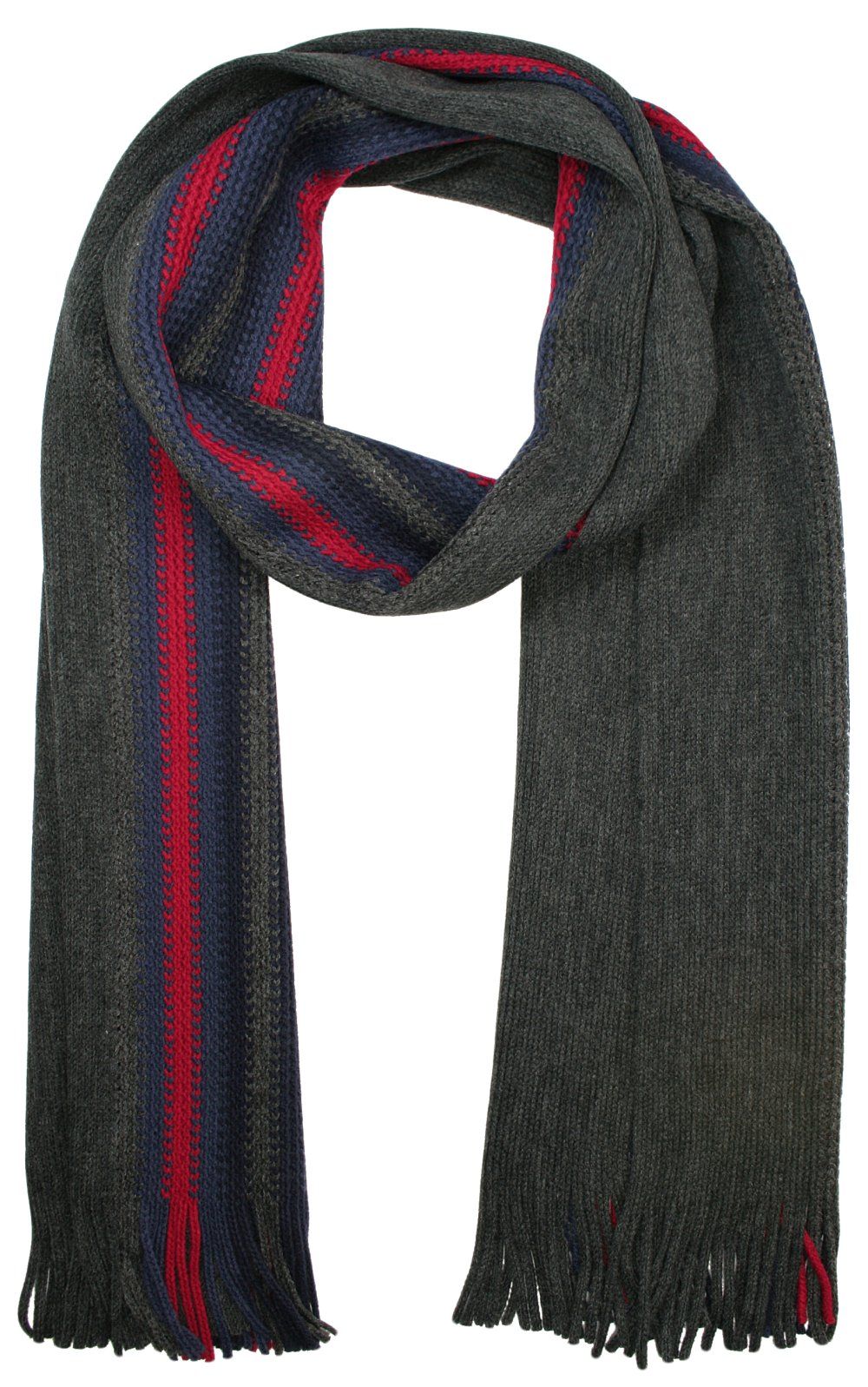 Szalik Dziergany Popielaty w Czerwono-Granatowe Paski z Frędzlami -V.FRAAS- Ciepły, Jesienno-Zimowy