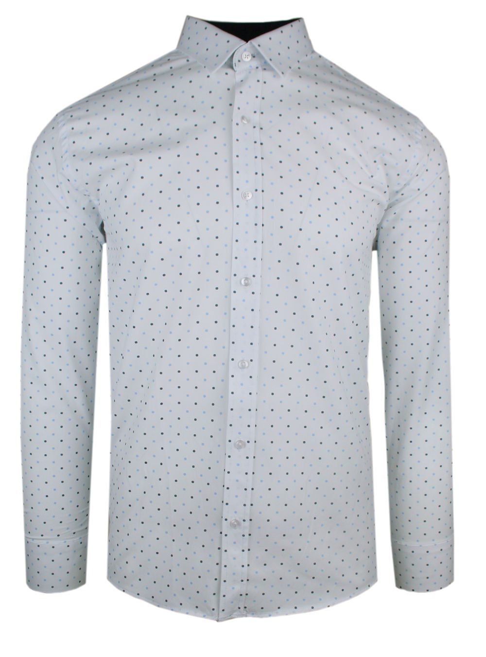 Męska, Taliowana (Slim Fit) Koszula Wizytowa - Rigon - Biała w Niebieskie Groszki