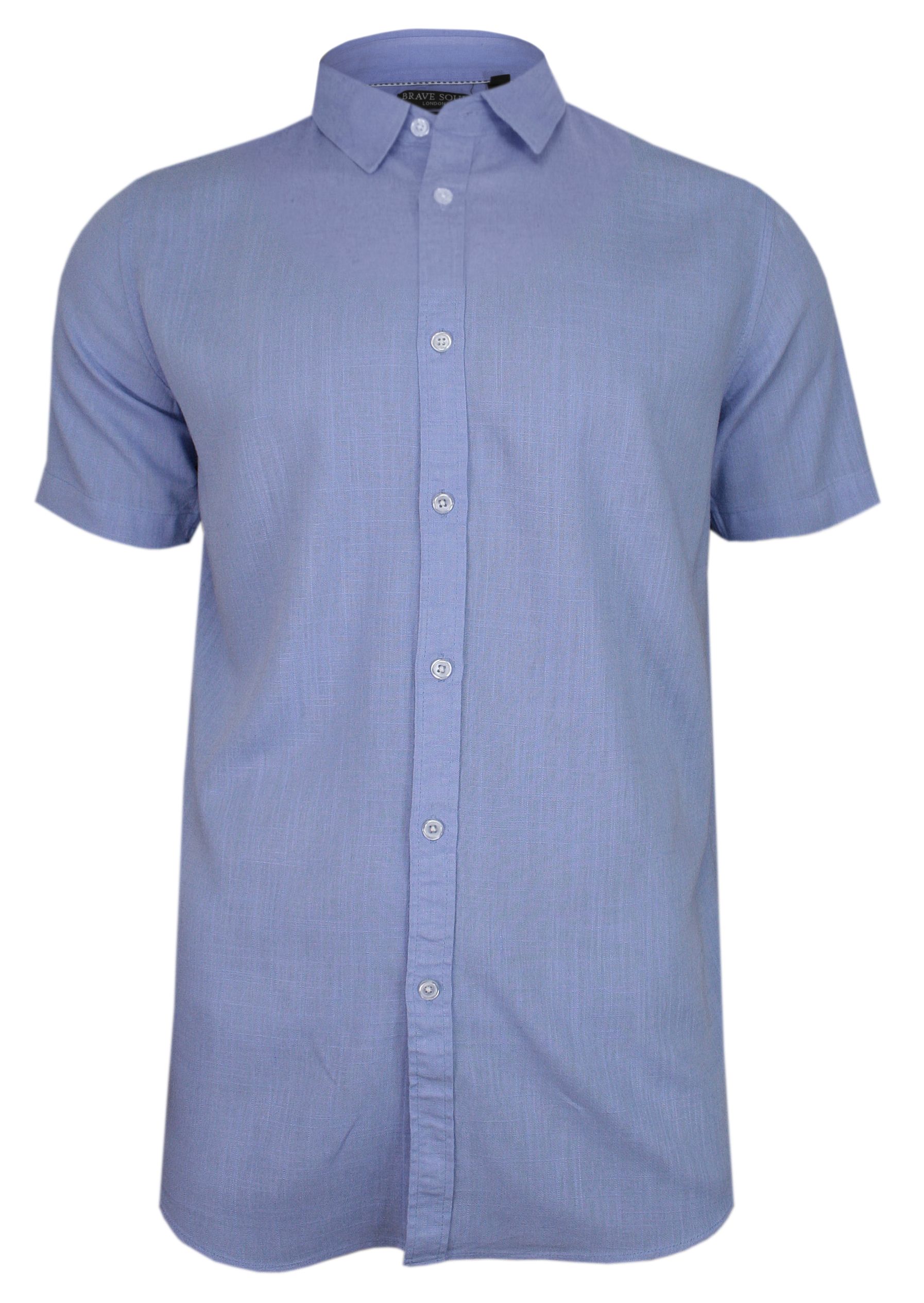 Niebieska Męska Koszula Weekendowa -BRAVE SOUL- z Domieszką Lnu, Krótki Rękaw, Taliowana