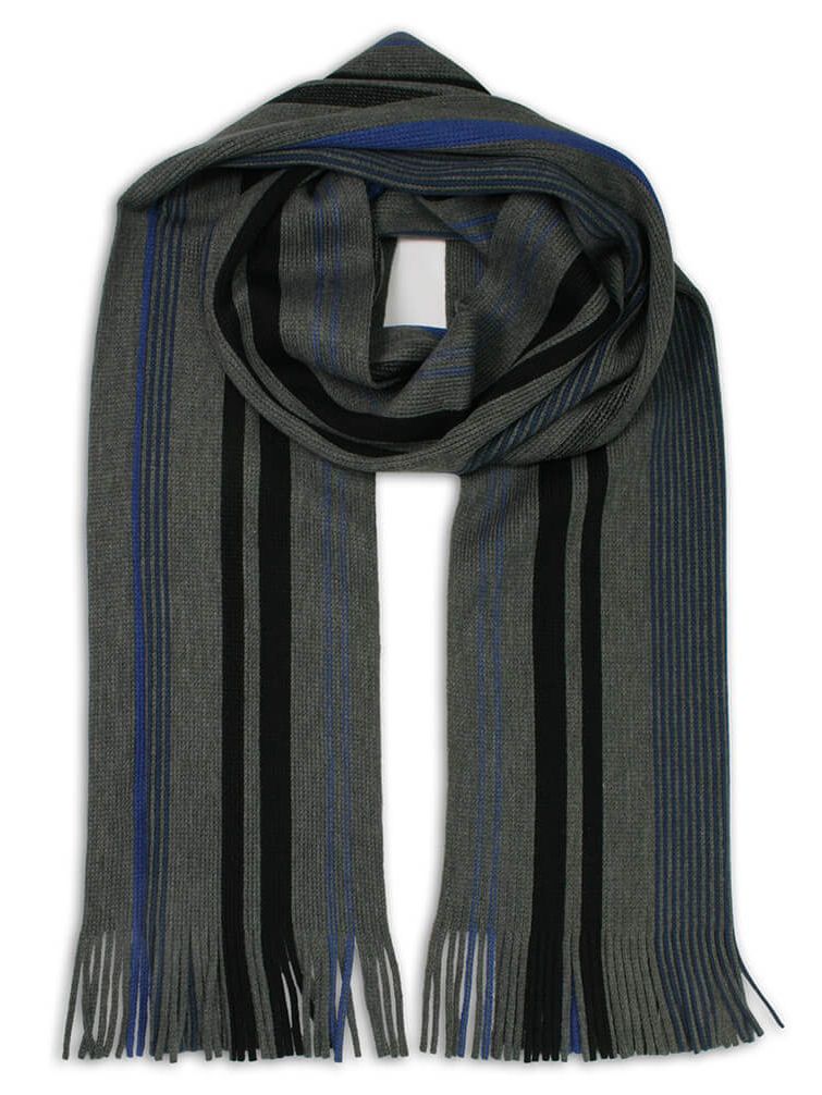 Szalik Dziergany Popielato-Granatowy z Frędzlami w Paski -V.FRAAS- Jesienno-Zimowy, Ciepły, Męski