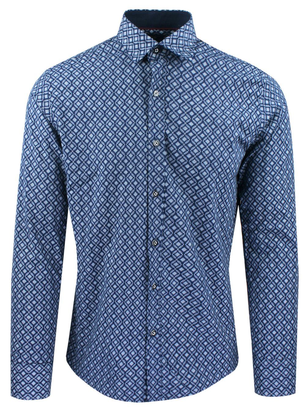 Męska Koszula, Taliowana (Slim Fit) - Rigon - Ciemnoniebieska, Wzór