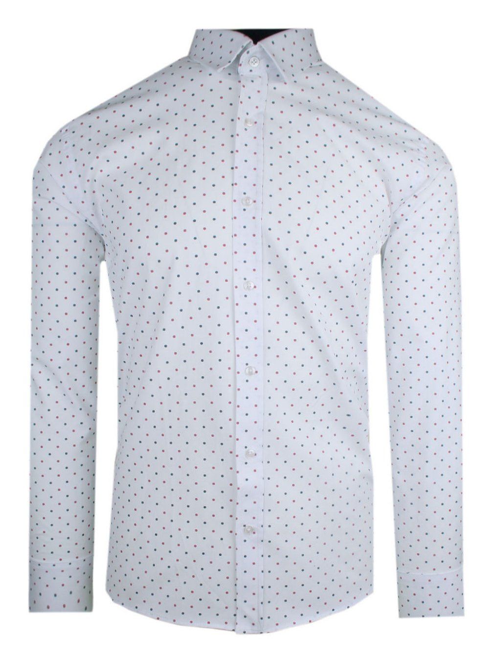 Męska, Taliowana (Slim Fit) Koszula Wizytowa - Rigon - Biała w Kolorowy Groszek