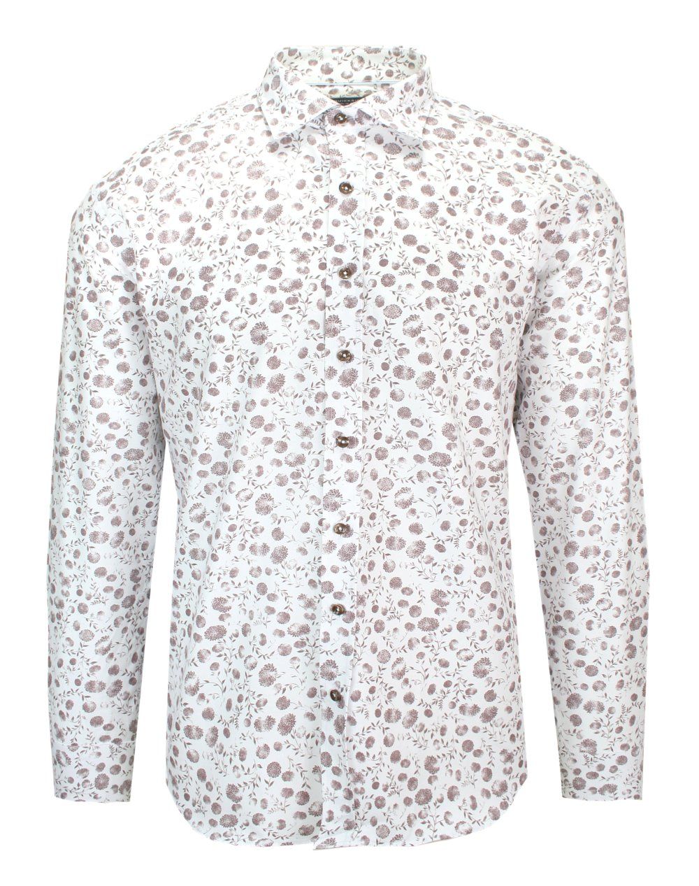 Koszula, Biała w Brązowe Kwiatki, Bawełniana, Taliowana, Długi Rękaw -QUICKSIDE