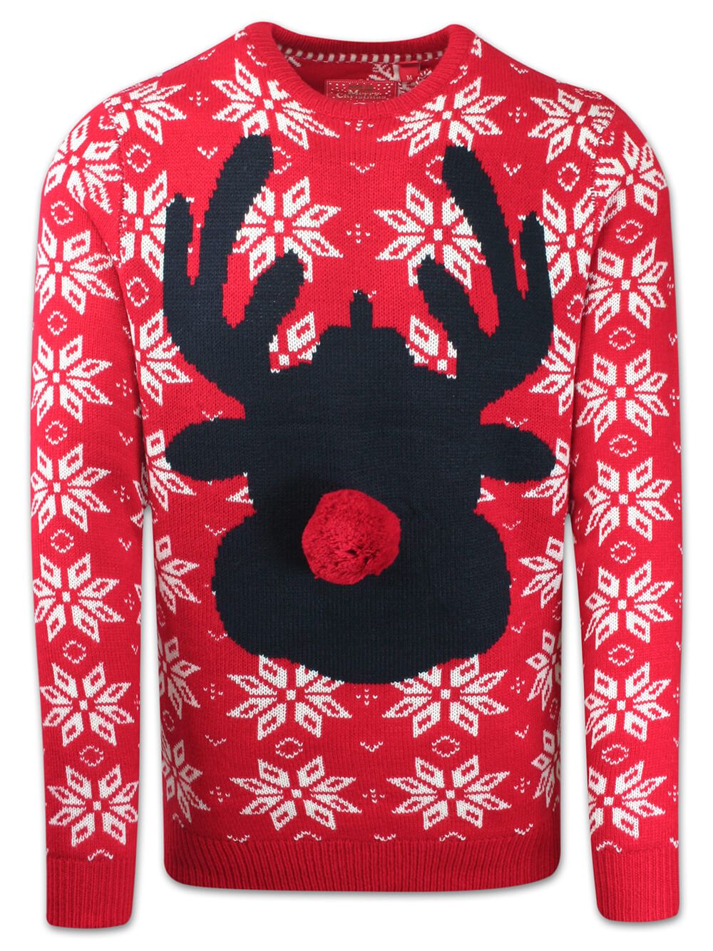 Sweter Świąteczny, Czerwono-Biały z Reniferem, Nos z Pompona, Śmieszny na Prezent, Męski -Brave Soul