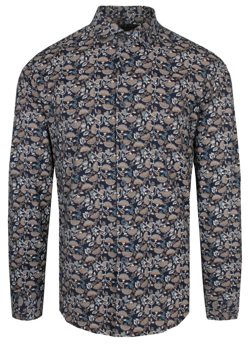Koszula Męska Wizytowa, Granatowo-Brązowa w Kwiatki, Krój Prosty, Długi Rękaw, RIGON
