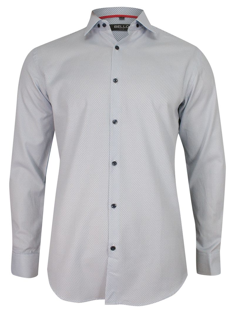 Koszula Wizytowa, Biało-Niebieska z Długim Rękawem, Drobny Wzór, Taliowana -BELLO- Elegancka, Męska