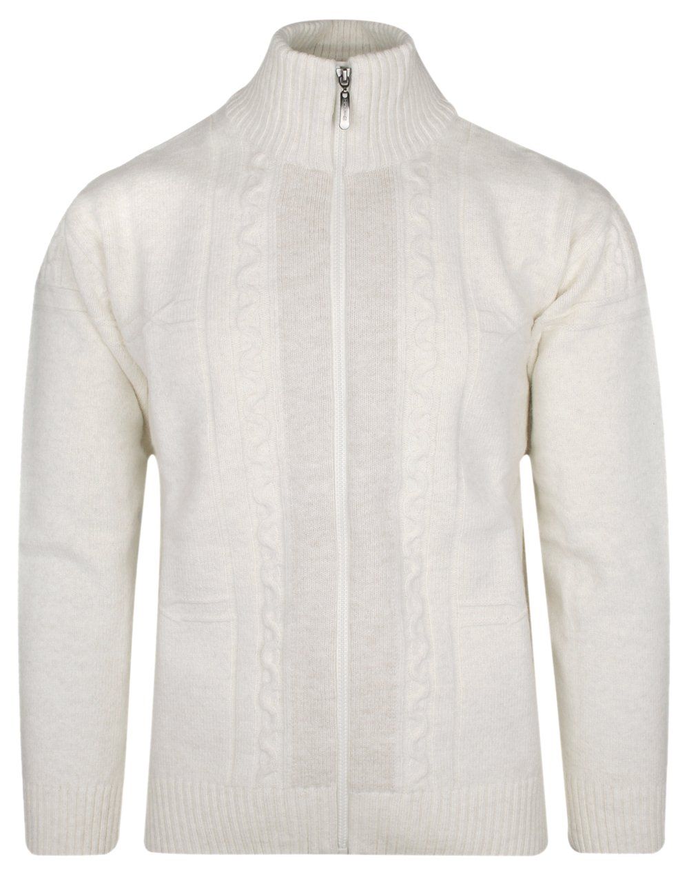 Sweter Beżowy Wełniany z Wysokim Dekoltem Zapinany na Zamek, Ciepły -DEVIR