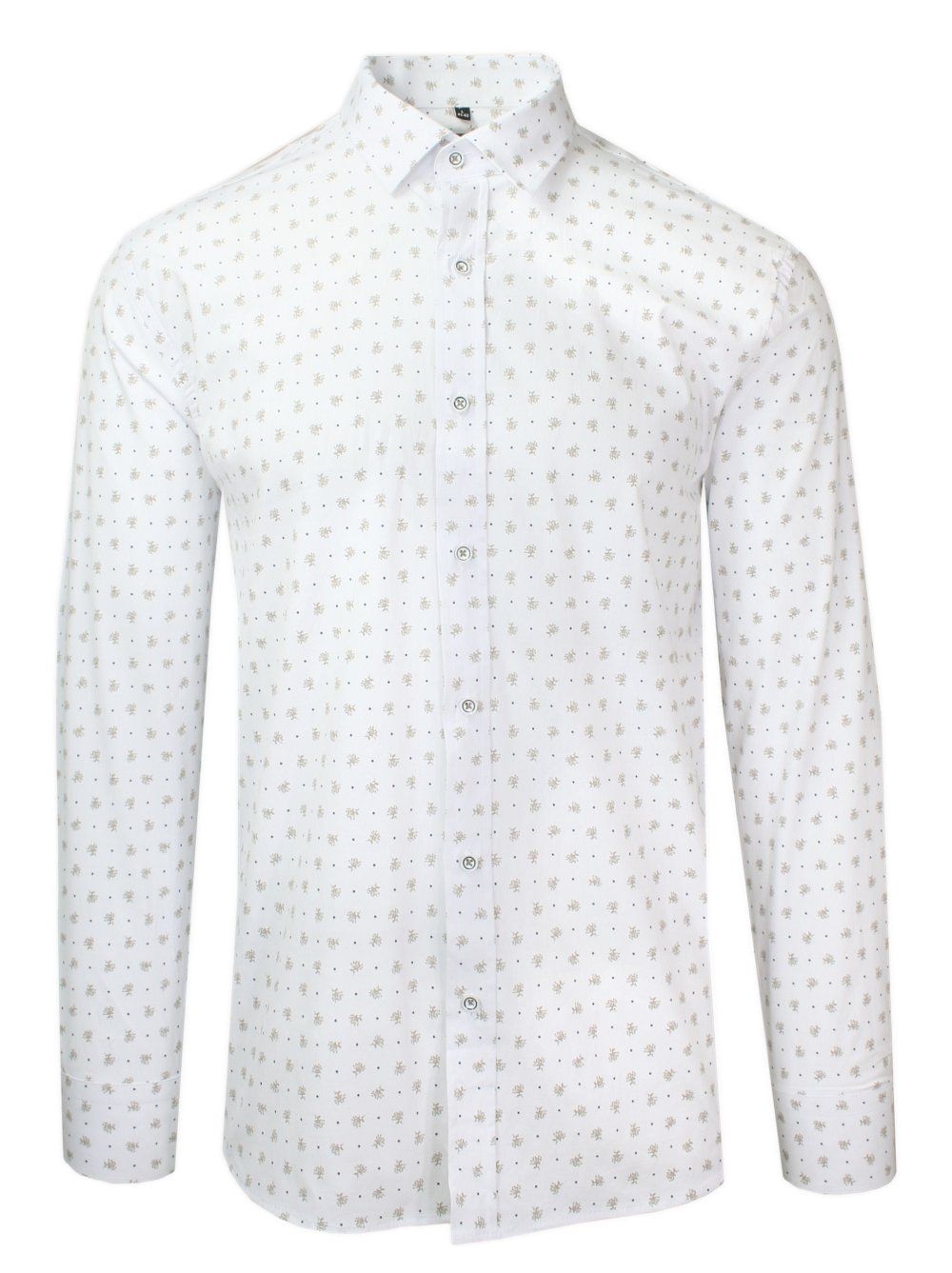 Koszula z Długim Rękawem, Biała w Beżowy Wzór, Prosty Krój, Wizytowa, Bawełniana -VICTORIO