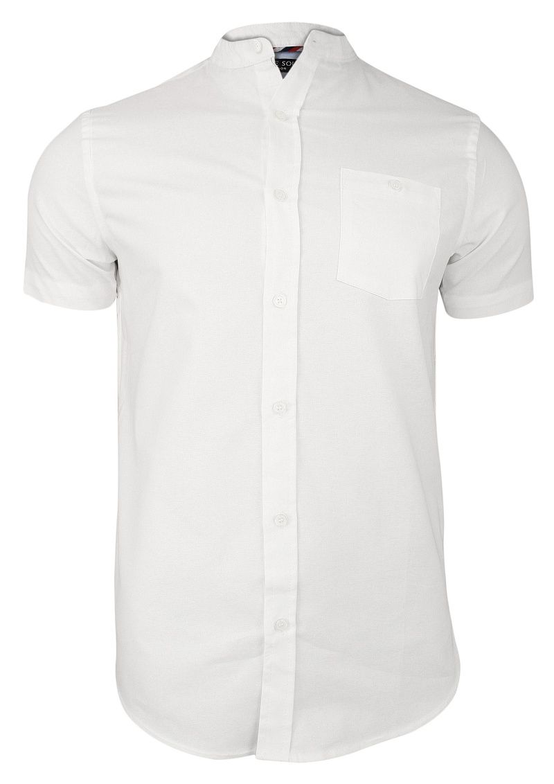 Biała Koszula Męska na Stójce z Krótkim Rękawem, Taliowana -Brave Soul- 100% Bawełna