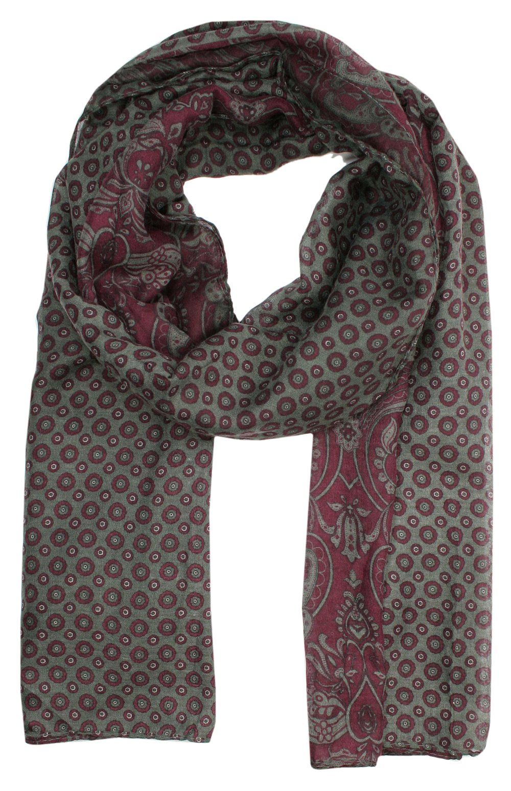 Lekki Szal z Bawełny i Modalu - Chattier - Bordowy w Orientalne Wzory oraz Grochy
