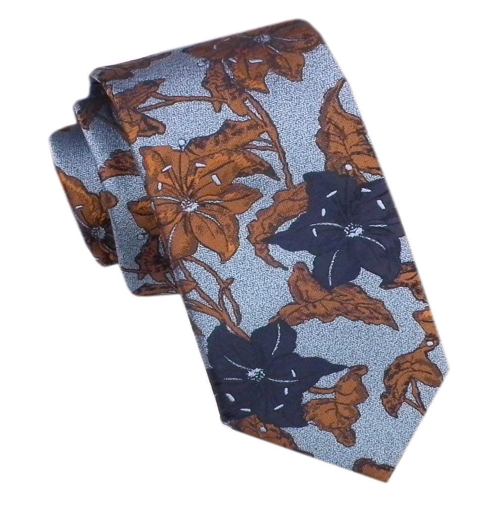 Elegancki Męski Krawat - Alties - Niebieski w Beżowe i Granatowe Kwiaty