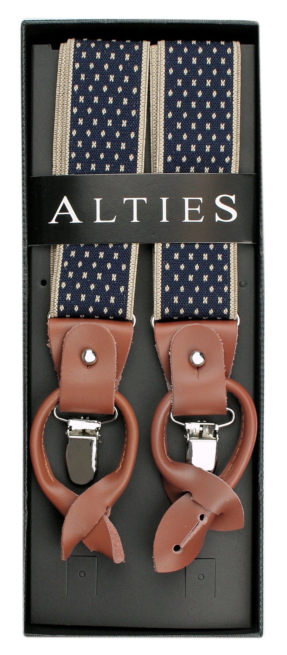 Szelki Męskie, Zapięcie na Guziki lub Żabki - ALTIES - Granatowe, Beżowy Wzór