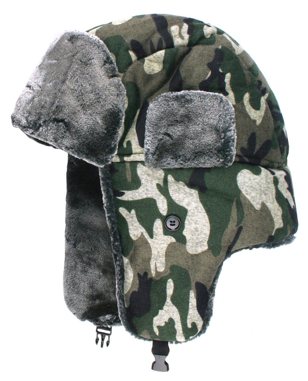 Ciepła, Zimowa Czapka z Uszami (Pilotka) - Jarek - Zielone Moro