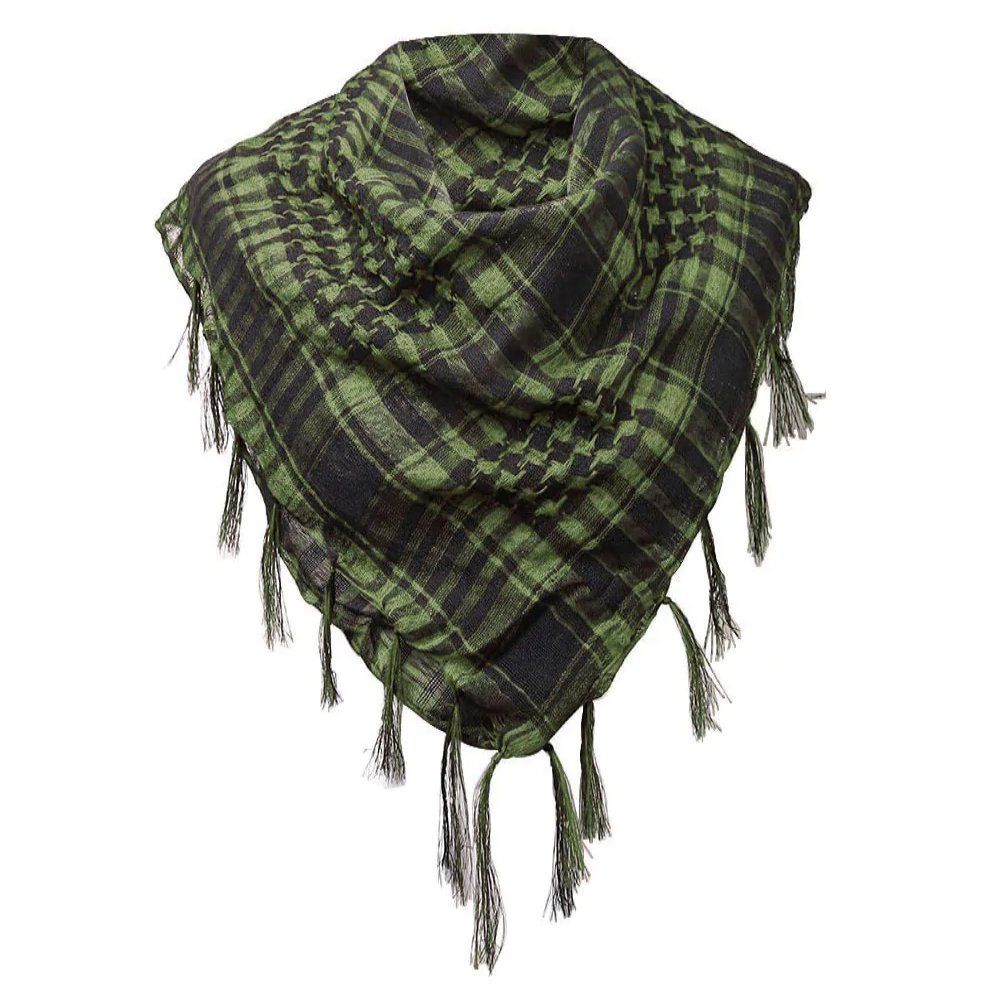 Arafatka Oliwkowo-Czarna, Duża Cienka Chustka -Pako Jeans- w Kratkę, z Frędzlami, Ponadczasowa