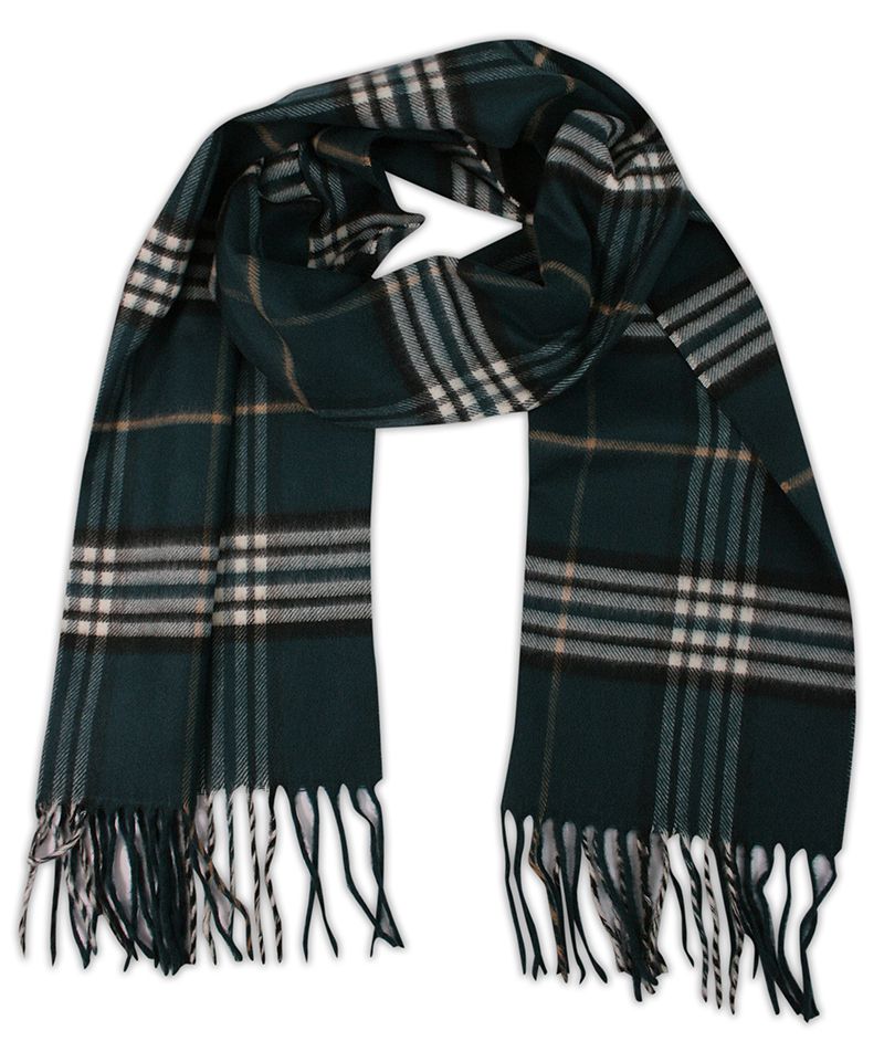 Szalik Ciemny Zielony w Kratkę Burberry, z Frędzlami, Firmy V.Fraas -Cashmink- Jesienno-Zimowy