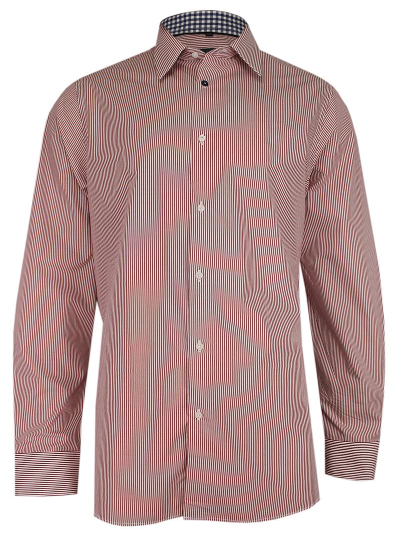 Czerwono-Biała Elegancka Koszula Męska z Długim Rękawem, 100% Bawełna -CHIAO- Taliowana, w Paski