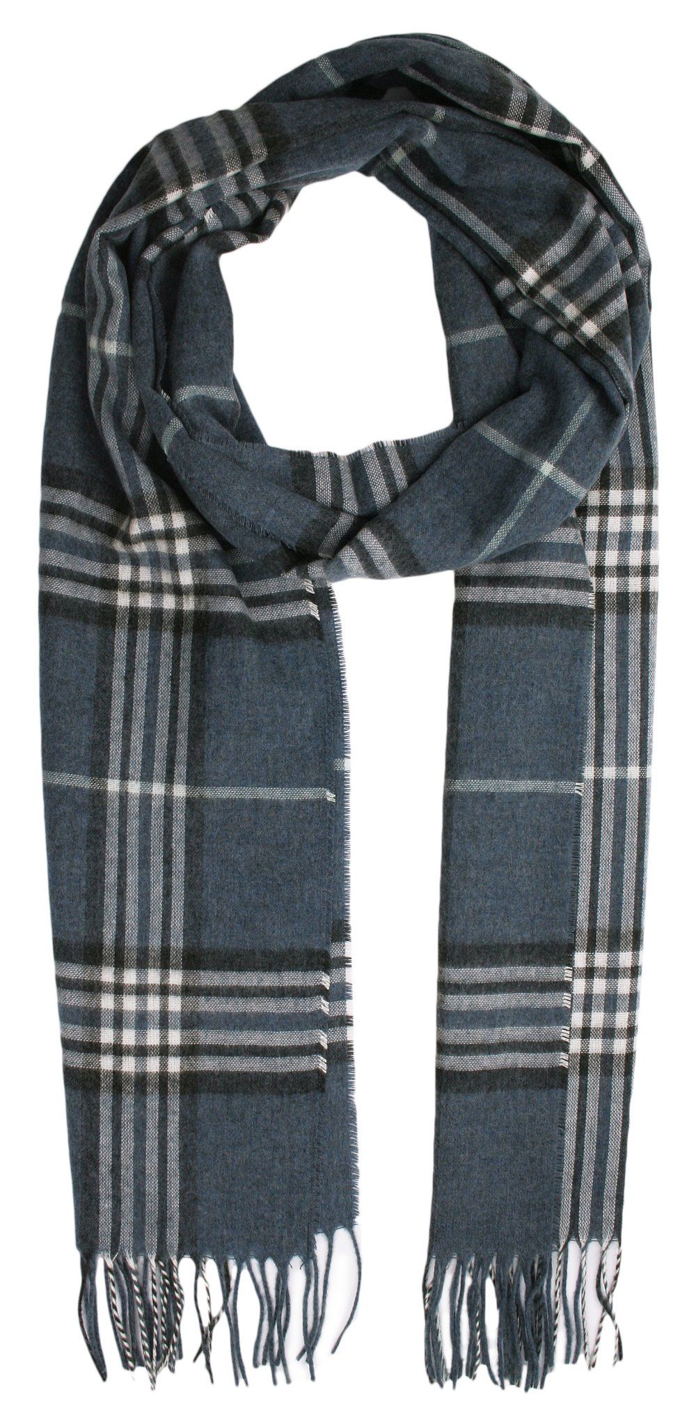 Szalik z Frędzlami, Miękki Niebieski w Kratkę, Firmy V.Fraas -Cashmink- Męski