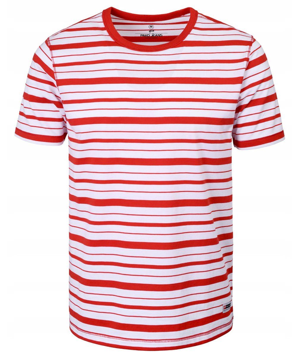 T-Shirt (Koszulka) Męska - Pako Jeans - Biało-Czerwona w Prążek