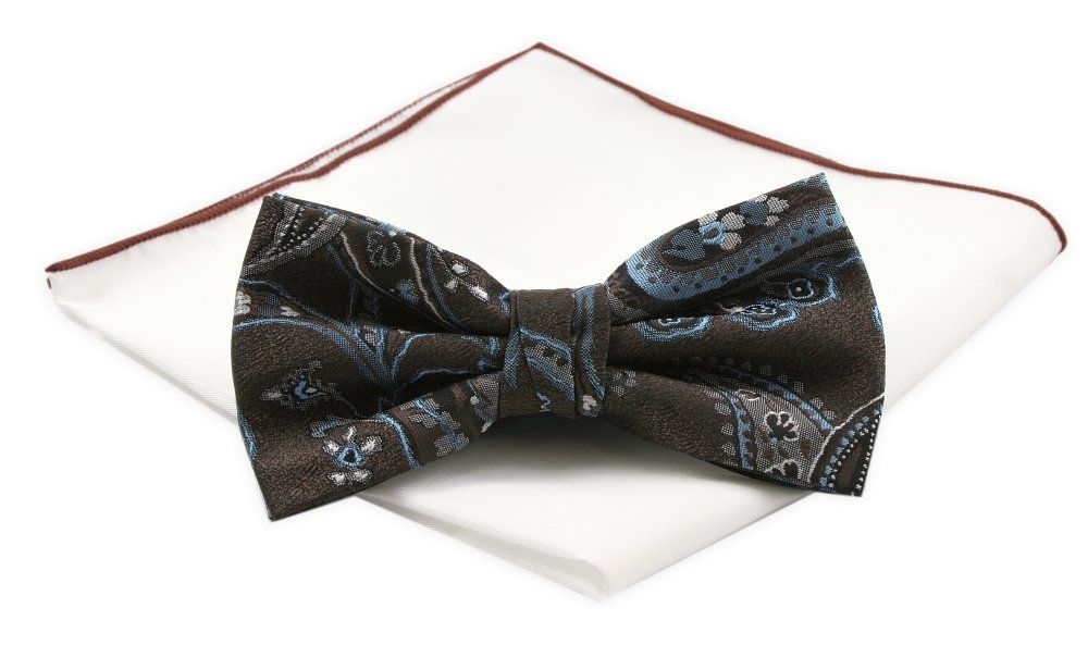 Mucha Męska z Białą Poszetką - Chattier - Brąz z Orientalnymi, Niebieskimi Akcentami