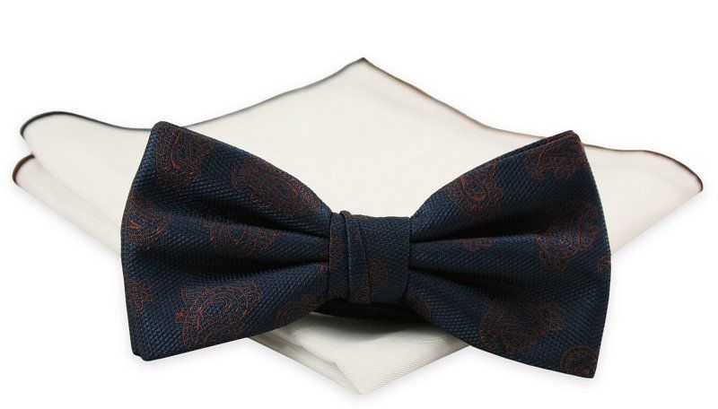 Granatowa Mucha z Białą Poszetką -CHATTIER- Męska, w Drobny Brązowy Wzór