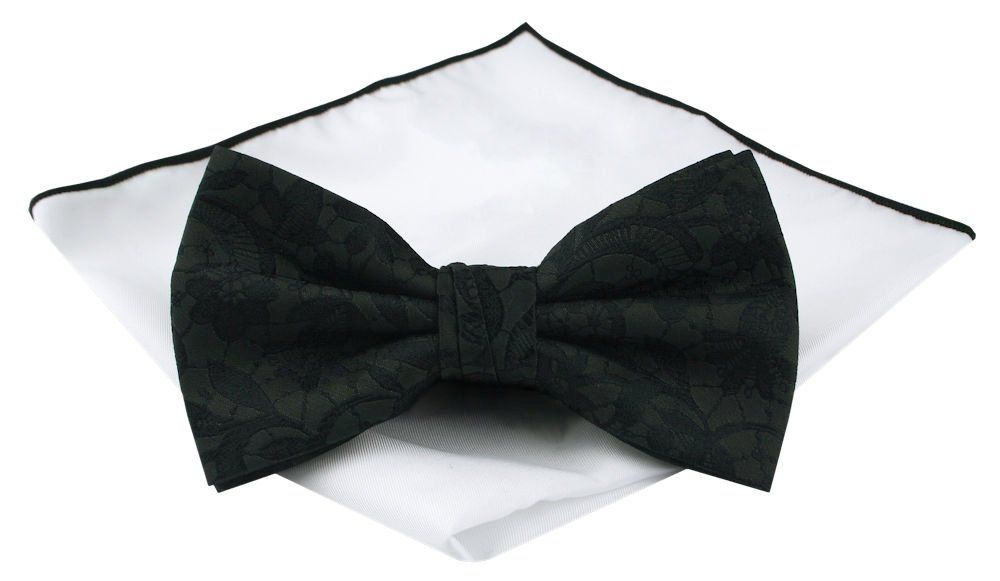 Mucha Męska z Poszetką (Zestaw) - Chattier - Czarna, Kwiatowa Faktura Materiału