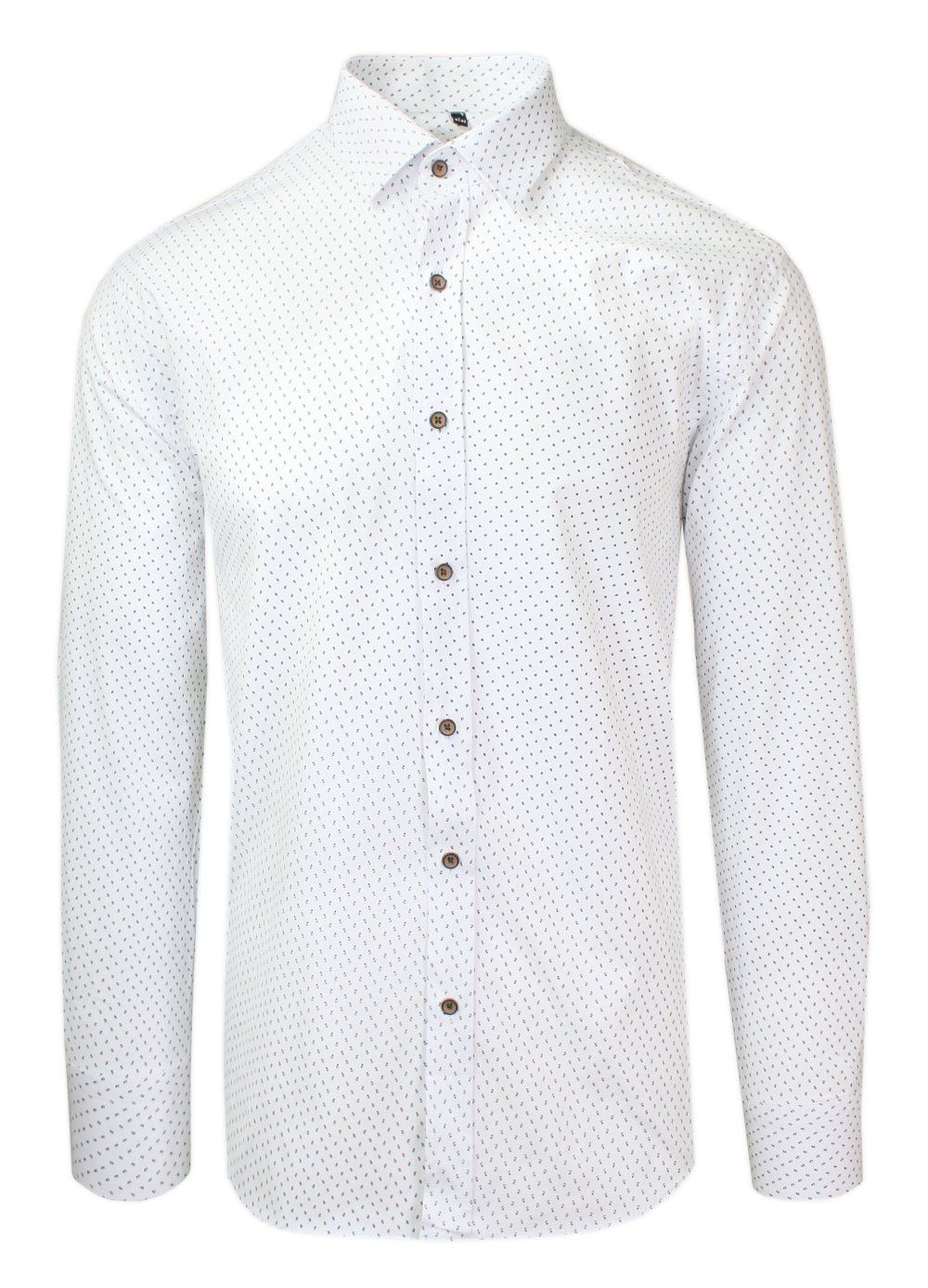 Koszula z Długim Rękawem, Biała w Brązowy Wzór, Prosty Krój, Wizytowa, Bawełniana -VICTORIO