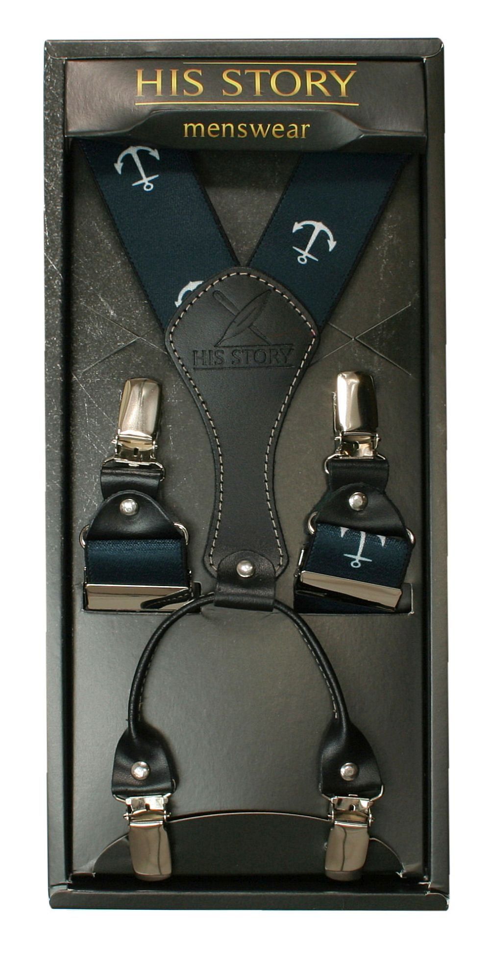 Szelki Szerokie, Granatowe w Kotwice, Męskie, Skóra Naturalna -HIS STORY- Stylowe