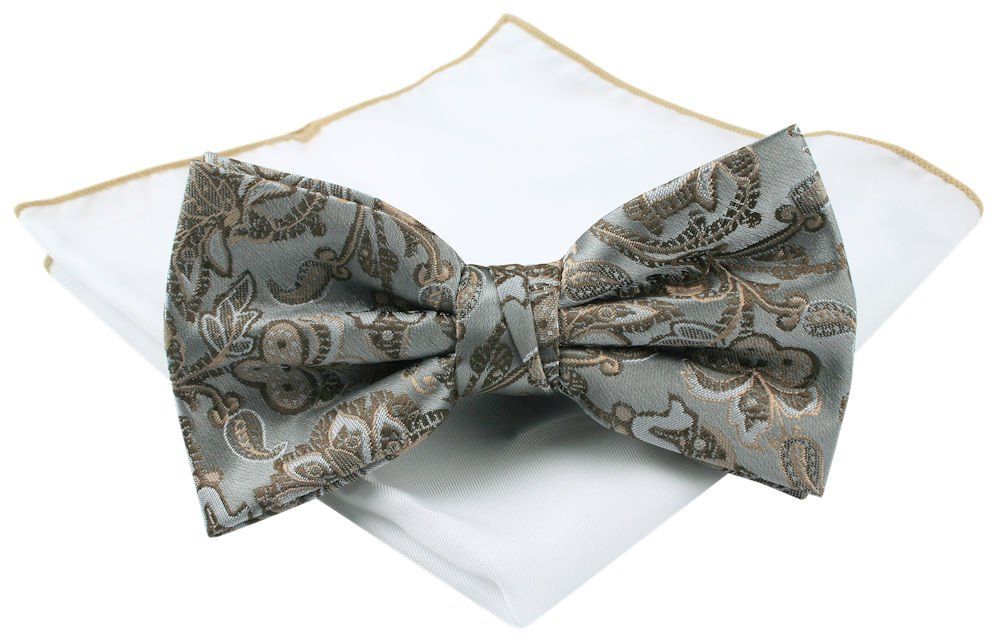 Męska Mucha (Poszetka w Zestawie) - Chattier - Beżowy Wzór, Stalowe Tło