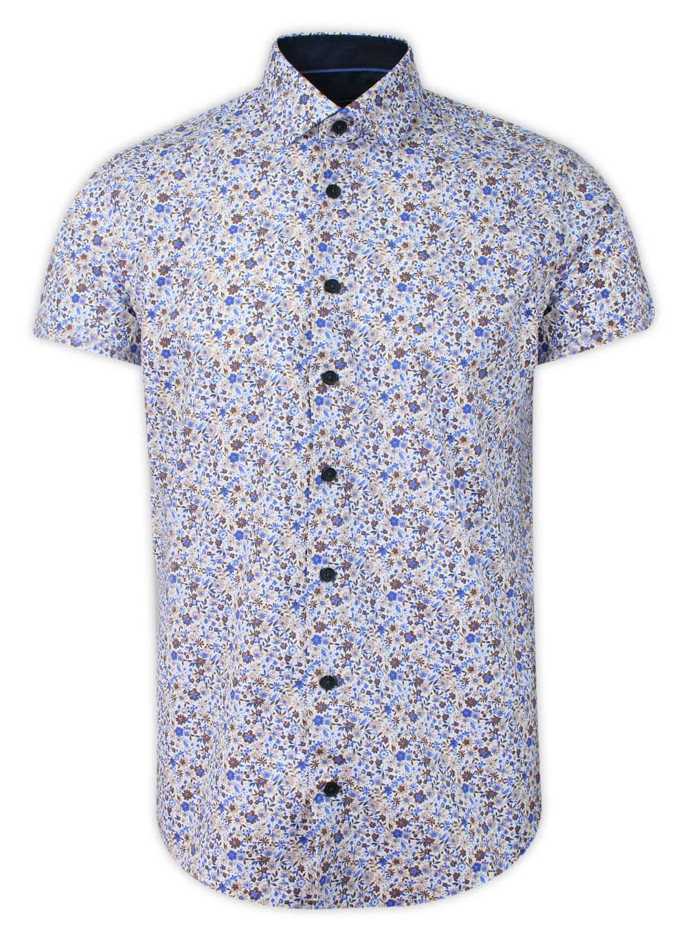 Koszula Wizytowa, Biała w Niebiesko-Brązowe Kwiatki, z Krótkim Rękawem, Prosty Krój -RIGON