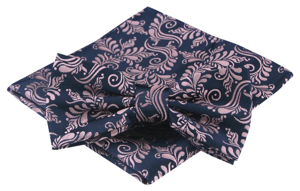 Mucha Męska z Poszetką - Alties - Granat, Różowe Kwiaty