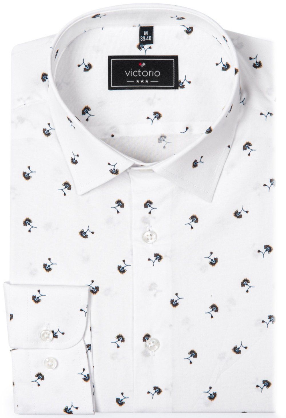 Elegancka Koszula o Prostym Kroju - Victorio - Biała w Drobne Kwiatki