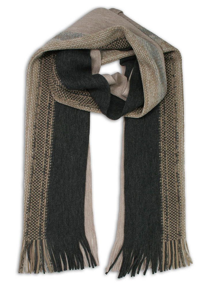 Szalik Dziergany Beżowo-Popielaty z Frędzlami w Paski -V.FRAAS- Jesienno-Zimowy, Ciepły, Męski